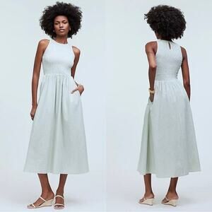 madewell the melody smocked midi dress pistachio stripe np125 women xsmall